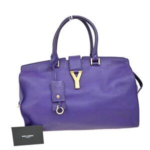 SAINT LAURENT Logo Classic Y Cabas Hand Bag Leather Purple Gold 85FC047